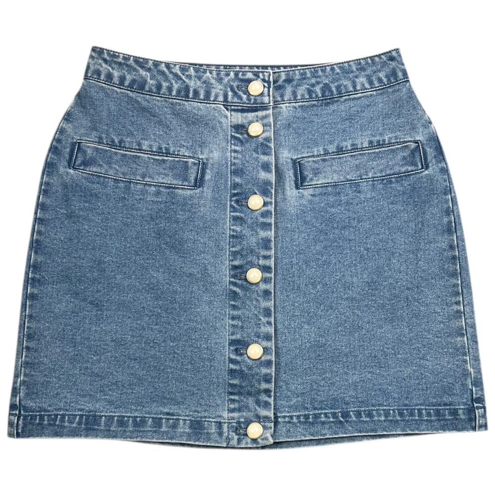 NWT House of Harlow 1960 Denim Button Front Mini Skirt Pearl Buttons - 4/W26
